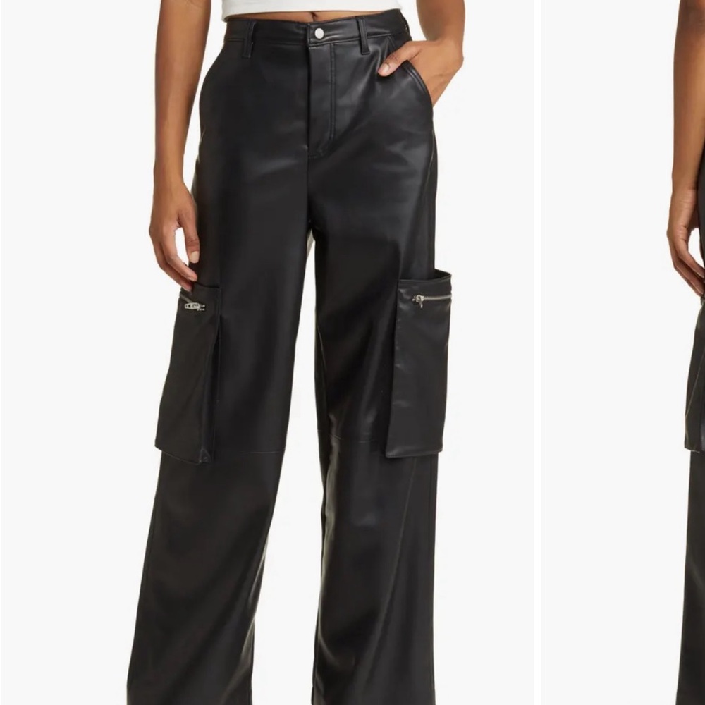 Black Faux Leather Cargo Pants